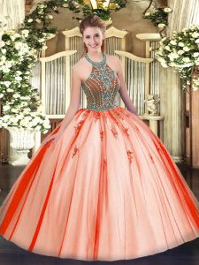 Sumptuous Floor Length Coral Red Sweet 16 Dress Tulle Sleeveless Beading