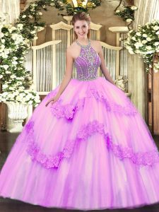 Eye-catching Ball Gowns Ball Gown Prom Dress Lilac Halter Top Tulle Sleeveless Floor Length Lace Up