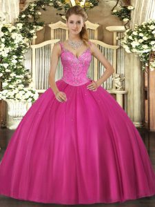 Sleeveless Tulle Floor Length Lace Up Sweet 16 Dresses in Fuchsia with Beading