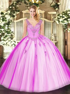 Sleeveless Tulle Floor Length Lace Up Quinceanera Gowns in Lilac with Beading