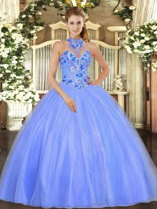 Discount Halter Top Sleeveless Lace Up Quince Ball Gowns Blue Tulle