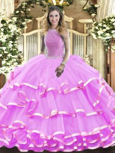 Organza Sleeveless Floor Length Quince Ball Gowns and Beading and Ruffled Layers