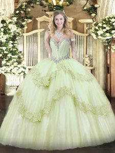 Exquisite Yellow Green Vestidos de Quinceanera Military Ball and Sweet 16 and Quinceanera with Beading and Appliques Sweetheart Sleeveless Lace Up