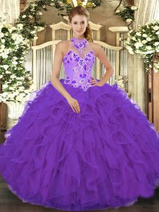 Halter Top Sleeveless Organza Vestidos de Quinceanera Beading and Embroidery and Ruffles Lace Up