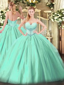 Glorious Turquoise Ball Gowns Tulle Sweetheart Sleeveless Beading Floor Length Lace Up Vestidos de Quinceanera