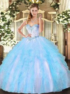 Aqua Blue Ball Gowns Tulle Sweetheart Sleeveless Beading and Ruffles Floor Length Lace Up Quinceanera Dresses