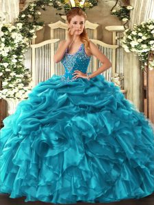 Artistic Floor Length Teal Sweet 16 Dress Organza Sleeveless Beading and Ruffles and Pick Ups