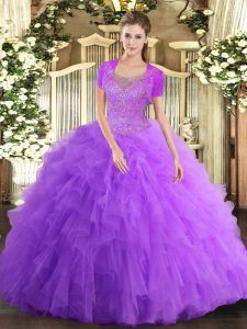 Tulle Sleeveless Floor Length Sweet 16 Dress and Beading and Ruffled Layers