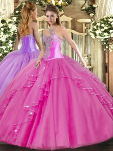 Super Floor Length Fuchsia Quinceanera Gowns Tulle Sleeveless Beading and Ruffles