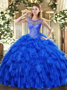 Ball Gowns Sweet 16 Quinceanera Dress Royal Blue Scoop Organza Sleeveless Floor Length Lace Up