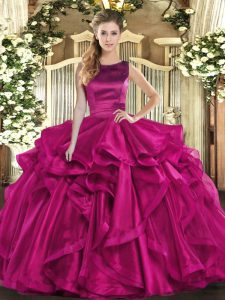 Attractive Fuchsia Ball Gowns Ruffles Vestidos de Quinceanera Lace Up Organza Sleeveless Floor Length