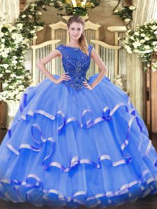 Amazing Floor Length Zipper Quinceanera Dresses Blue for Sweet 16 and Quinceanera with Beading and Ruffled Layers