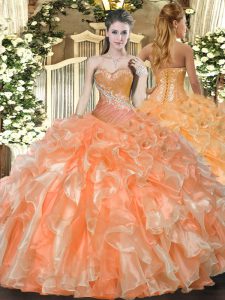 Admirable Beading and Ruffles 15th Birthday Dress Orange Red Lace Up Sleeveless Floor Length