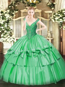 Most Popular Green Ball Gowns Beading and Ruffled Layers Quinceanera Dress Lace Up Organza and Taffeta Sleeveless Floor Length