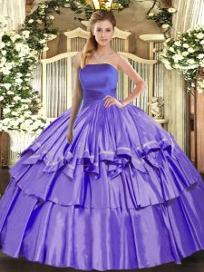 Strapless Sleeveless 15th Birthday Dress Floor Length Ruffled Layers Lavender Organza