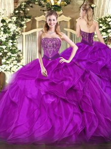 Luxury Floor Length Purple Quince Ball Gowns Strapless Sleeveless Lace Up