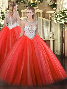 Excellent Tulle Scoop Sleeveless Zipper Beading 15 Quinceanera Dress in Coral Red