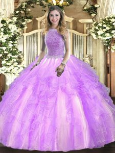 Lavender Quince Ball Gowns Military Ball and Sweet 16 and Quinceanera with Beading and Ruffles Square Sleeveless Lace Up