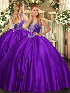 Best Purple Satin Lace Up Straps Sleeveless Floor Length Quince Ball Gowns Beading