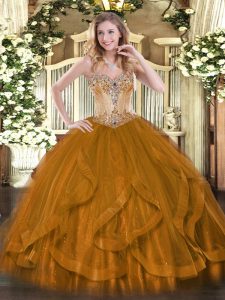 Brown Sleeveless Floor Length Beading and Ruffles Lace Up Quinceanera Gown