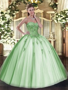 Sleeveless Floor Length Beading and Appliques Lace Up Quinceanera Dress with Apple Green