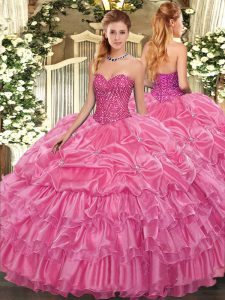 Rose Pink Sweetheart Neckline Beading and Ruffled Layers and Pick Ups Quinceanera Dresses Sleeveless Lace Up