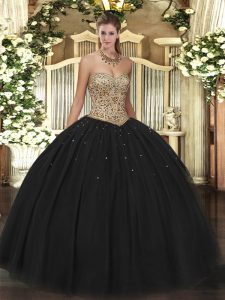 Suitable Ball Gowns Sweet 16 Dress Black Sweetheart Tulle Sleeveless Floor Length Lace Up