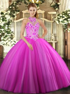 Charming Fuchsia Lace Up Halter Top Embroidery Sweet 16 Dress Tulle Sleeveless