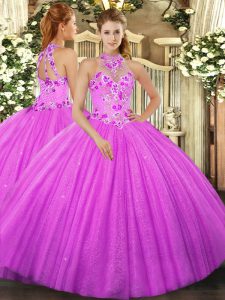 Shining Ball Gowns 15th Birthday Dress Fuchsia Halter Top Tulle Sleeveless Floor Length Lace Up