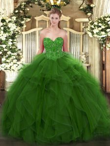 Green Tulle Lace Up Sweet 16 Dress Sleeveless Floor Length Beading