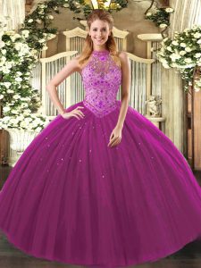 Fuchsia Halter Top Lace Up Beading and Embroidery Sweet 16 Quinceanera Dress Sleeveless