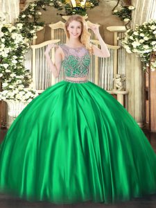 Deluxe Scoop Sleeveless Lace Up 15 Quinceanera Dress Green Satin