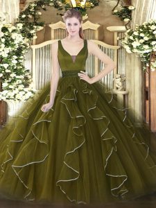 Elegant Olive Green Ball Gowns Straps Sleeveless Tulle Floor Length Zipper Beading and Ruffles Quinceanera Dresses