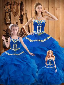 Luxury Blue Sweetheart Lace Up Embroidery Quinceanera Dress Sleeveless