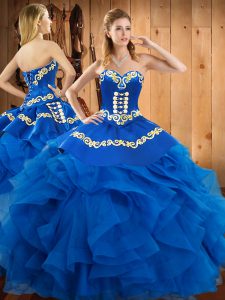 Blue Lace Up Sweetheart Embroidery and Ruffles Sweet 16 Dresses Satin and Organza Sleeveless