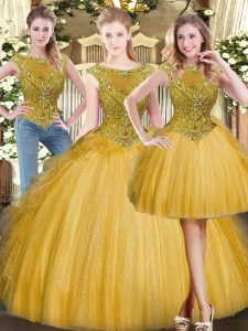 Fitting Scoop Sleeveless Sweet 16 Dresses Floor Length Beading and Ruffles Gold Tulle