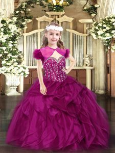 Fuchsia Straps Neckline Beading and Ruffles Pageant Dress for Girls Sleeveless Lace Up