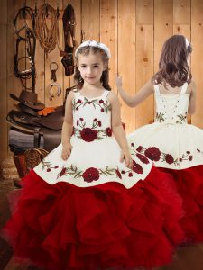 Wine Red Satin and Tulle Lace Up Pageant Dress Wholesale Sleeveless Floor Length Embroidery and Ruffles