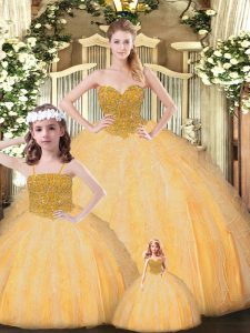 Sweetheart Sleeveless 15 Quinceanera Dress Floor Length Beading Gold Tulle