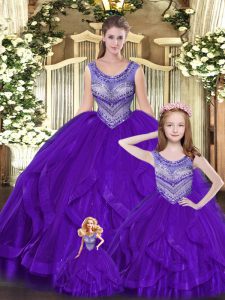 Ball Gowns Quinceanera Gown Eggplant Purple Scoop Tulle Sleeveless Floor Length Lace Up