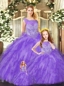 Ideal Organza Scoop Sleeveless Lace Up Beading and Ruffles Vestidos de Quinceanera in Eggplant Purple