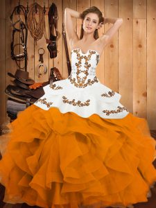 Floor Length Lace Up Sweet 16 Dress Gold for Military Ball and Sweet 16 and Quinceanera with Embroidery and Ruffles