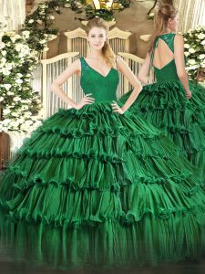 Chic V-neck Sleeveless 15 Quinceanera Dress Floor Length Beading and Lace and Ruffled Layers Dark Green Organza