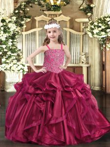 Fuchsia Organza Lace Up Pageant Dress for Teens Sleeveless Floor Length Beading and Ruffles