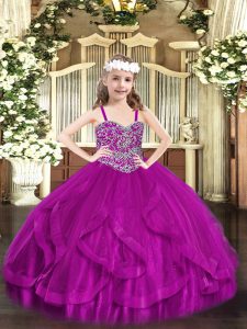 Floor Length Lace Up Kids Pageant Dress Fuchsia for Party and Quinceanera with Beading and Ruffles