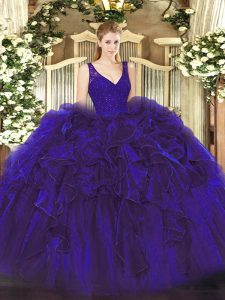 Sleeveless Organza Floor Length Zipper Vestidos de Quinceanera in Purple with Beading and Ruffles