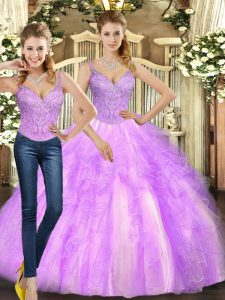 Lilac Two Pieces Straps Sleeveless Organza Floor Length Lace Up Beading and Ruffles Quinceanera Gown