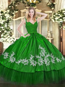 Floor Length Zipper Vestidos de Quinceanera Green for Sweet 16 and Quinceanera with Beading and Appliques