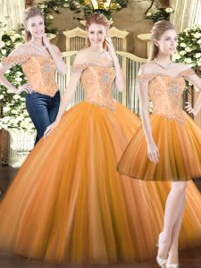 Sweet Three Pieces Sweet 16 Dress Orange Red Off The Shoulder Tulle Sleeveless Floor Length Lace Up