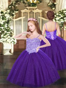 Ball Gowns Winning Pageant Gowns Purple Spaghetti Straps Tulle Sleeveless Floor Length Lace Up